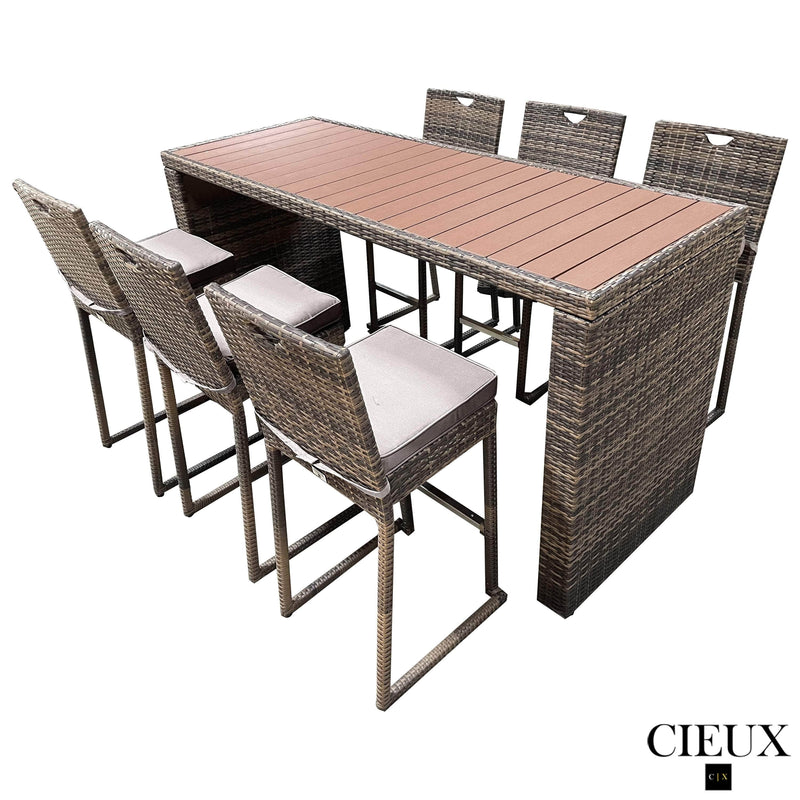 CIEUX Dining Set Valence Outdoor Patio Wicker Bar Table and 6 Chairs Set in Brown with Sunbrella Canvas Taupe Cushions