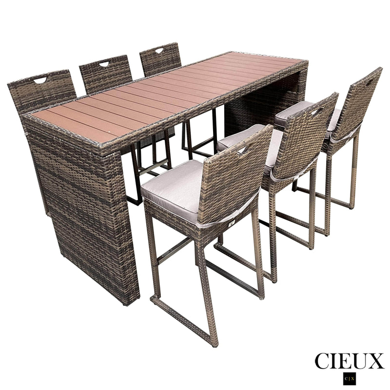 CIEUX Dining Set Valence Outdoor Patio Wicker Bar Table and 6 Chairs Set in Brown with Sunbrella Canvas Taupe Cushions