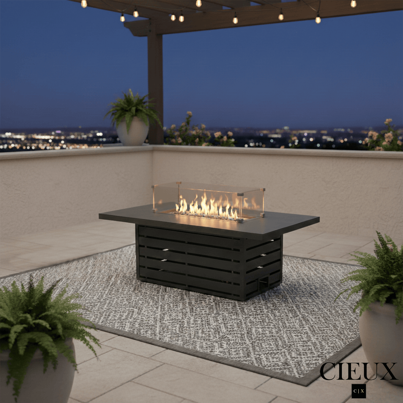 CIEUX Fire Pit Alsace Outdoor Patio Aluminum Metal Rectangle Propane and Natural Gas Fire Pit Adjustable Height Table with Tempered Glass in Midnight Grey