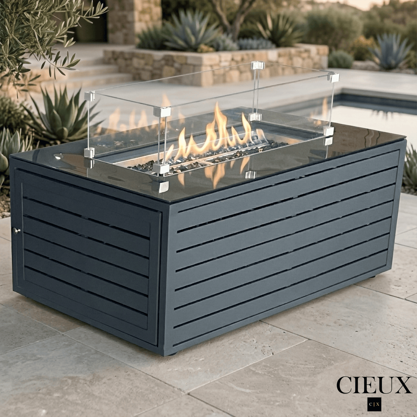 CIEUX Annency Outdoor Patio Aluminum Metal Rectangle Propane Fire Pit Coffee Table with Tempered Glass in Midnight Grey, image 1