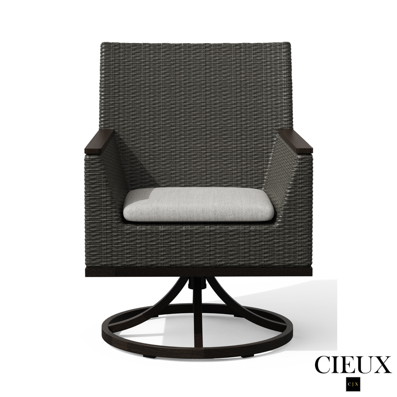 Loire Outdoor Patio Aluminum Metal 7 Piece Dining Table Set with 4 Arm Chairs, 2 Swivel Arm Chairs and Sunbrella Cast Silver Cushions