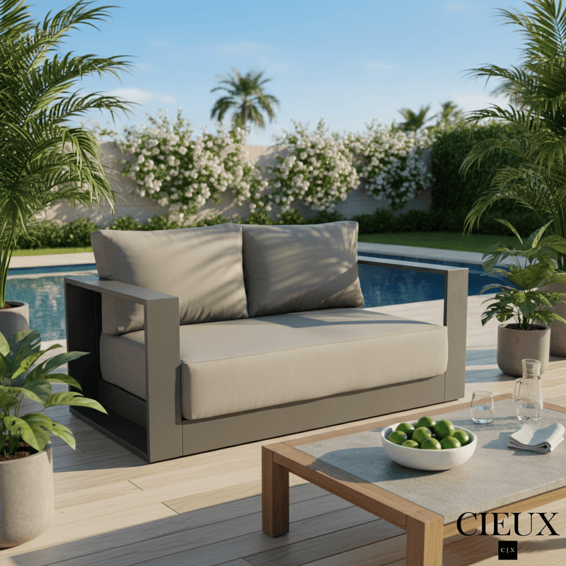 Cieux Loveseat Lyon Outdoor Patio Aluminum Metal Loveseat in Midnight Grey with Sunbrella Cushions in Canvas Charcoal