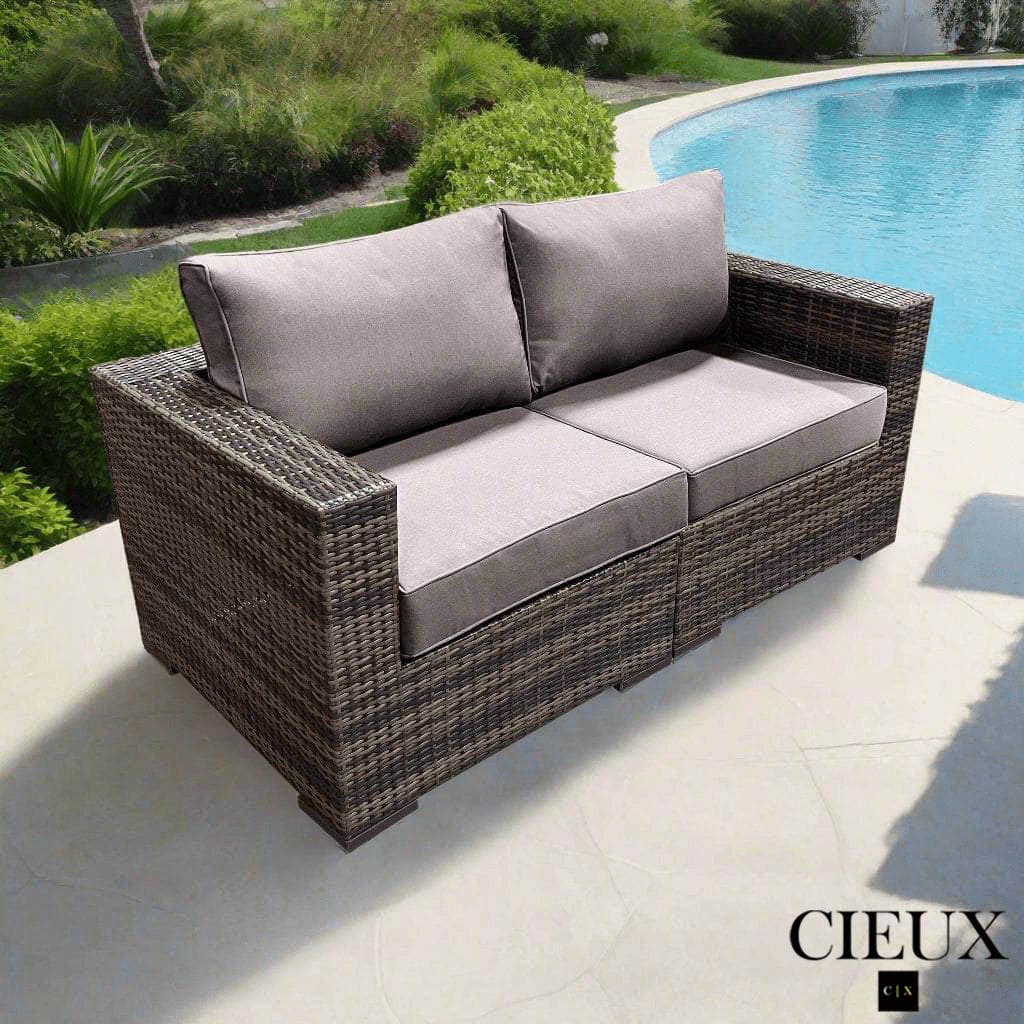 CIEUX Valence Outdoor Patio Wicker Loveseat in Brown with Sunbrella Canvas Taupe Cushions, image 1