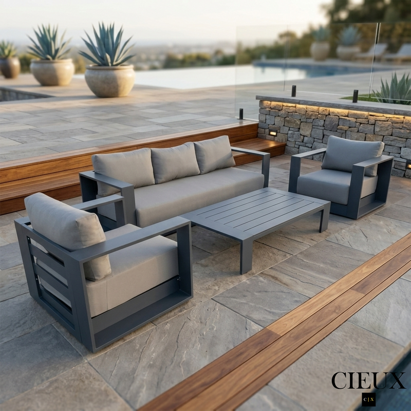 Lyon Outdoor Patio Aluminum Metal Sofa Conversation Set in Midnight Grey with Sunbrella Cushions - Available in 2 Colours