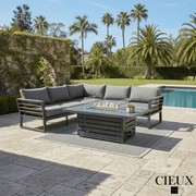 CIEUX Sectional Avignon 2 Piece Outdoor Patio Aluminum Metal Corner Sectional Sofa with Adjustable Seats Set and Alsace Fire Pit Adjustable Height Table in Midnight Grey with Sunbrella Cushions in Canvas Charcoal