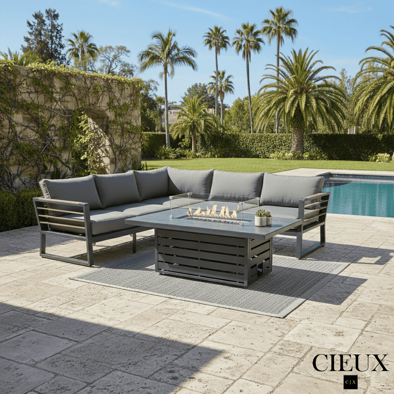 CIEUX Sectional Avignon 2 Piece Outdoor Patio Aluminum Metal Corner Sectional Sofa with Adjustable Seats Set and Alsace Fire Pit Adjustable Height Table in Midnight Grey with Sunbrella Cushions in Canvas Charcoal