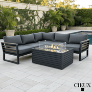 CIEUX Sectional Avignon 2 Piece Outdoor Patio Aluminum Metal Corner Sectional Sofa with Adjustable Seats Set and Annency Fire Pit Coffee Table in Midnight Grey with Sunbrella Cushions in Canvas Charcoal