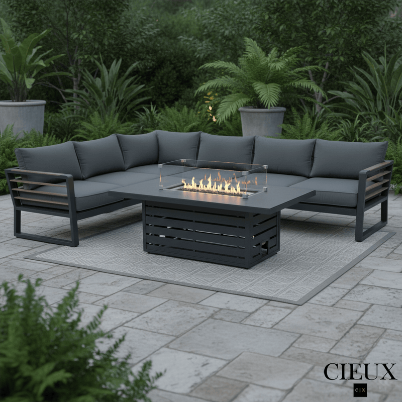 CIEUX Sectional Avignon 2 Piece Outdoor Patio Aluminum Metal L-Shaped Sectional Sofa with Adjustable Seats Set and Alsace Fire Pit Adjustable Height Table in Midnight Grey with Sunbrella Cushions in Canvas Charcoal