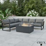 CIEUX Sectional Avignon 2 Piece Outdoor Patio Aluminum Metal L-Shaped Sectional Sofa with Adjustable Seats Set and Annency Fire Pit Coffee Table in Midnight Grey with Sunbrella Cushions in Canvas Charcoal