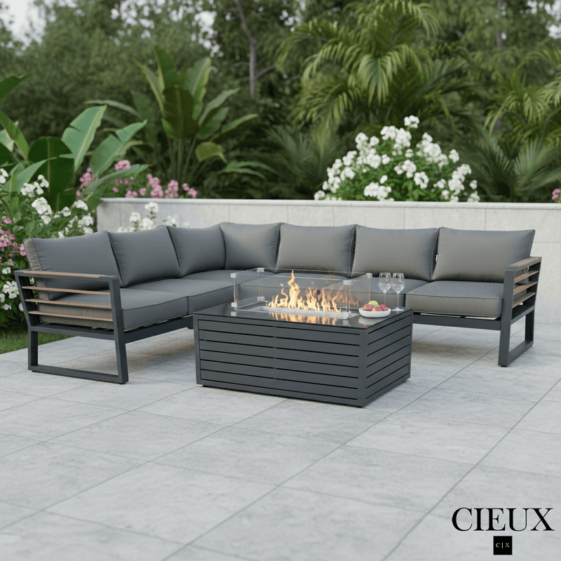 CIEUX Sectional Avignon 2 Piece Outdoor Patio Aluminum Metal L-Shaped Sectional Sofa with Adjustable Seats Set and Annency Fire Pit Coffee Table in Midnight Grey with Sunbrella Cushions in Canvas Charcoal