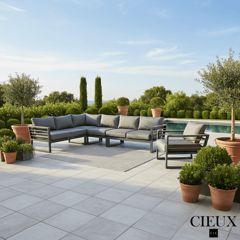 CIEUX Sectional Avignon 2 Piece Outdoor Patio Aluminum Metal L-Shaped Sectional Sofa with Adjustable Seats Set and Club Chair in Midnight Grey with Sunbrella Cushions in Canvas Charcoal