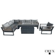 CIEUX Sectional Avignon 3 Piece Outdoor Patio Aluminum Metal L-Shaped Sectional Sofa with Adjustable Seats and Club Chair Set and Alsace Fire Pit Adjustable Height Table in Midnight Grey with Sunbrella Cushions in Canvas Charcoal