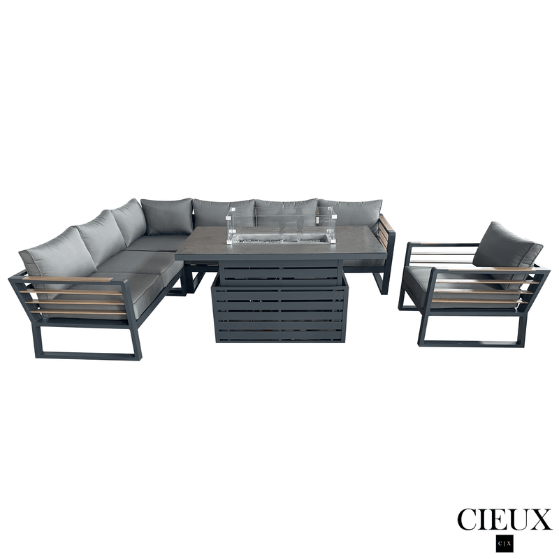 CIEUX Sectional Avignon 3 Piece Outdoor Patio Aluminum Metal L-Shaped Sectional Sofa with Adjustable Seats and Club Chair Set and Alsace Fire Pit Adjustable Height Table in Midnight Grey with Sunbrella Cushions in Canvas Charcoal