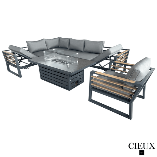 CIEUX Sectional Avignon 3 Piece Outdoor Patio Aluminum Metal L-Shaped Sectional Sofa with Adjustable Seats and Club Chair Set and Alsace Fire Pit Adjustable Height Table in Midnight Grey with Sunbrella Cushions in Canvas Charcoal