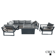 CIEUX Sectional Avignon 3 Piece Outdoor Patio Aluminum Metal L-Shaped Sectional Sofa with Adjustable Seats and Club Chair Set and Alsace Fire Pit Adjustable Height Table in Midnight Grey with Sunbrella Cushions in Canvas Charcoal