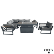 CIEUX Sectional Avignon 3 Piece Outdoor Patio Aluminum Metal L-Shaped Sectional Sofa with Adjustable Seats and Club Chair Set and Alsace Fire Pit Adjustable Height Table in Midnight Grey with Sunbrella Cushions in Canvas Charcoal