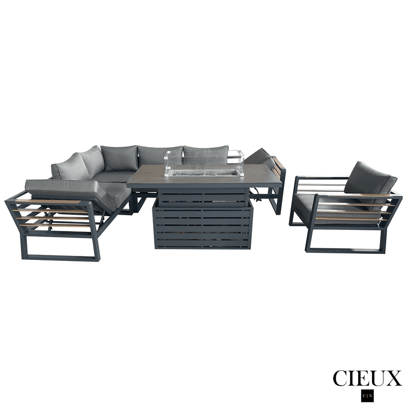CIEUX Sectional Avignon 3 Piece Outdoor Patio Aluminum Metal L-Shaped Sectional Sofa with Adjustable Seats and Club Chair Set and Alsace Fire Pit Adjustable Height Table in Midnight Grey with Sunbrella Cushions in Canvas Charcoal
