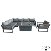 CIEUX Sectional Avignon 3 Piece Outdoor Patio Aluminum Metal L-Shaped Sectional Sofa with Adjustable Seats and Club Chair Set and Alsace Fire Pit Adjustable Height Table in Midnight Grey with Sunbrella Cushions in Canvas Charcoal