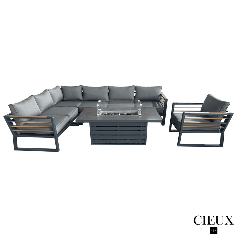 CIEUX Sectional Avignon 3 Piece Outdoor Patio Aluminum Metal L-Shaped Sectional Sofa with Adjustable Seats and Club Chair Set and Alsace Fire Pit Adjustable Height Table in Midnight Grey with Sunbrella Cushions in Canvas Charcoal