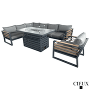 CIEUX Sectional Avignon 3 Piece Outdoor Patio Aluminum Metal L-Shaped Sectional Sofa with Adjustable Seats and Club Chair Set and Alsace Fire Pit Adjustable Height Table in Midnight Grey with Sunbrella Cushions in Canvas Charcoal