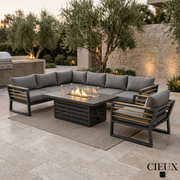 CIEUX Sectional Avignon 3 Piece Outdoor Patio Aluminum Metal L-Shaped Sectional Sofa with Adjustable Seats and Club Chair Set and Alsace Fire Pit Adjustable Height Table in Midnight Grey with Sunbrella Cushions in Canvas Charcoal