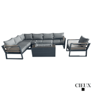 CIEUX Sectional Avignon 3 Piece Outdoor Patio Aluminum Metal L-Shaped Sectional Sofa with Adjustable Seats and Club Chair Set and Annency Fire Pit Coffee Table in Midnight Grey with Sunbrella Cushions in Canvas Charcoal