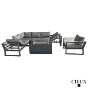CIEUX Sectional Avignon 3 Piece Outdoor Patio Aluminum Metal L-Shaped Sectional Sofa with Adjustable Seats and Club Chair Set and Annency Fire Pit Coffee Table in Midnight Grey with Sunbrella Cushions in Canvas Charcoal
