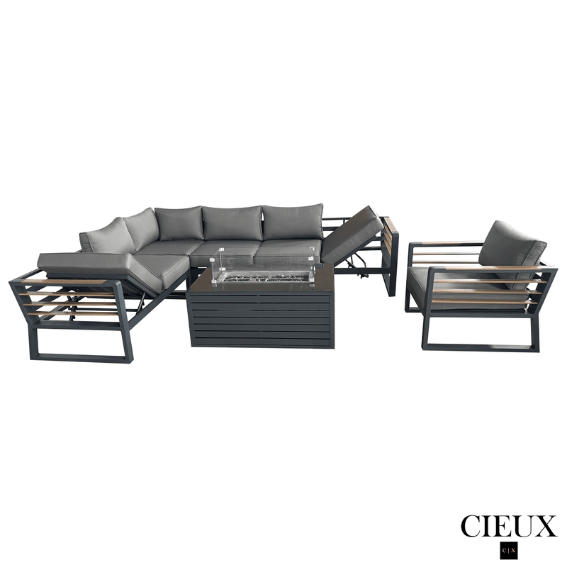CIEUX Sectional Avignon 3 Piece Outdoor Patio Aluminum Metal L-Shaped Sectional Sofa with Adjustable Seats and Club Chair Set and Annency Fire Pit Coffee Table in Midnight Grey with Sunbrella Cushions in Canvas Charcoal