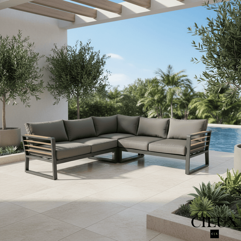 CIEUX Sectional Avignon Outdoor Patio Aluminum Metal Corner Sectional Sofa with Adjustable Seats in Midnight Grey with Sunbrella Cushions in Canvas Charcoal