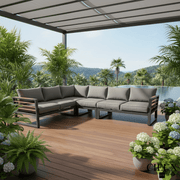 CIEUX Sectional Avignon Outdoor Patio Aluminum Metal L-Shaped Sectional Sofa with Adjustable Seats in Midnight Grey with Sunbrella Cushions in Canvas Charcoal