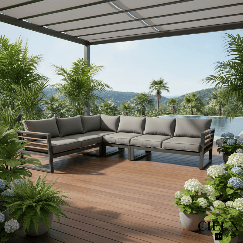 CIEUX Sectional Avignon Outdoor Patio Aluminum Metal L-Shaped Sectional Sofa with Adjustable Seats in Midnight Grey with Sunbrella Cushions in Canvas Charcoal
