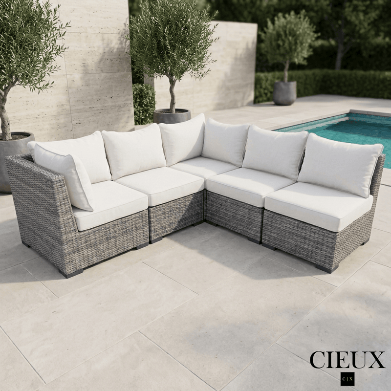 CIEUX Sectional Cannes Outdoor Patio Wicker Corner Sectional Sofa in Grey Wicker with Sunbrella Cushions in Canvas Natural