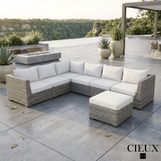 CIEUX Sectional Cannes Outdoor Patio Wicker L-Shaped Sectional Sofa with Ottoman in Grey Wicker with Sunbrella Cushions in Canvas Natural