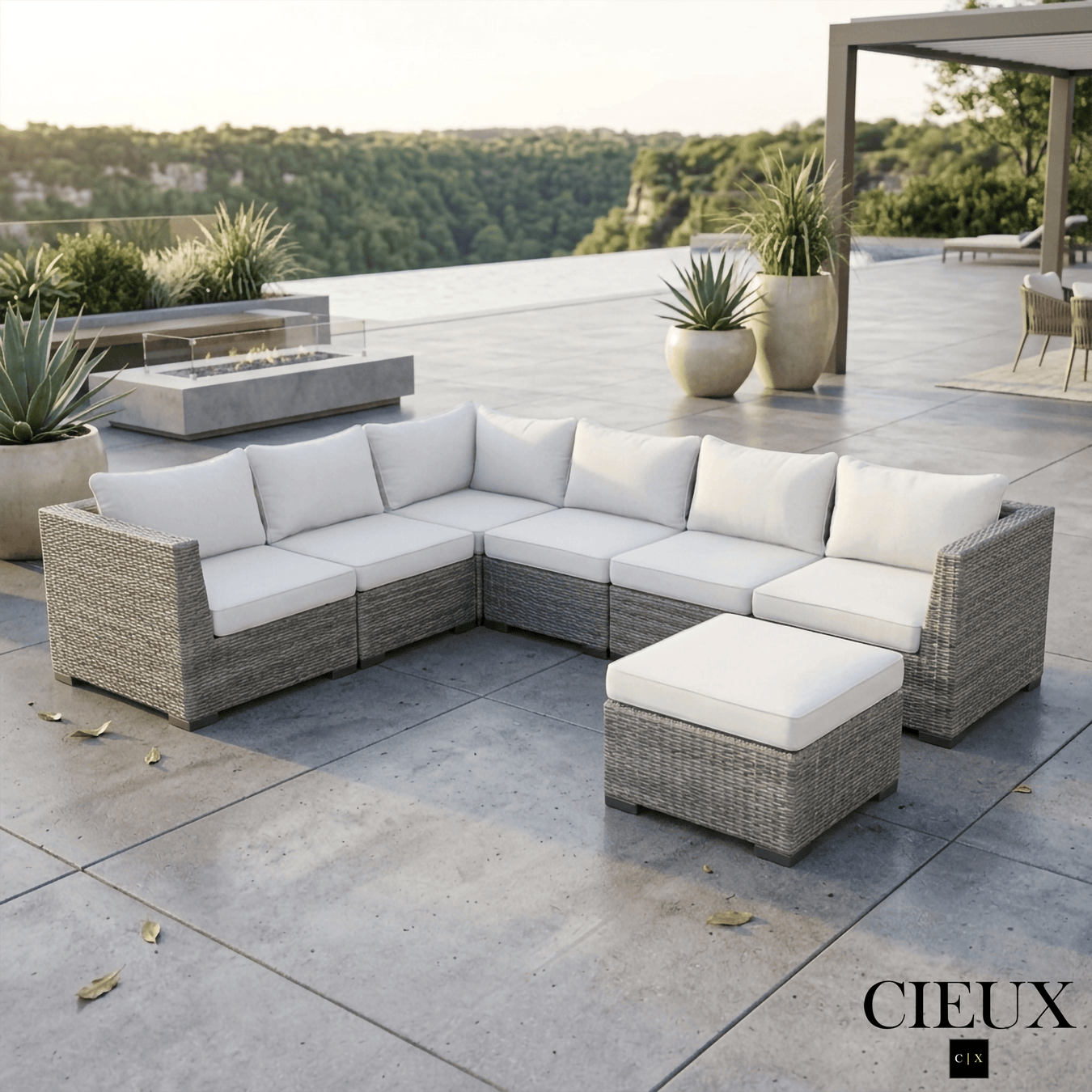 CIEUX Cannes Outdoor Patio Wicker L Shaped Sectional Sofa with Ottoman in Grey Wicker with Sunbrella Cushions in Canvas Natural, image 1