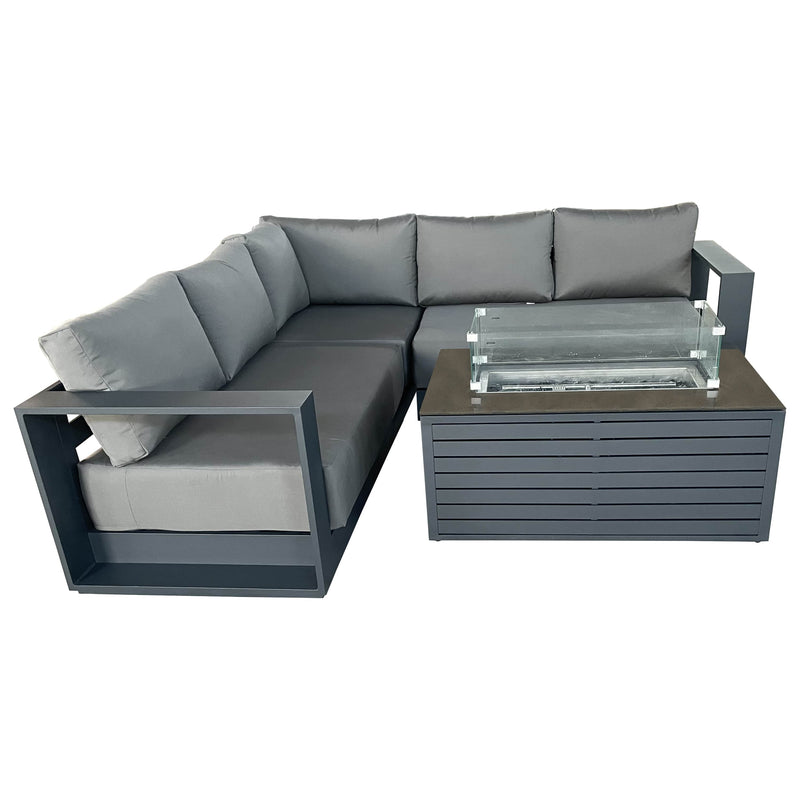 CIEUX Sectional Canvas Charcoal / Without Patio Covers Lyon 2 Piece Outdoor Patio Aluminum Metal Corner Sectional and Annency Fire Pit Coffee Table in Midnight Grey with Sunbrella Cushions - Available in 2 Colours