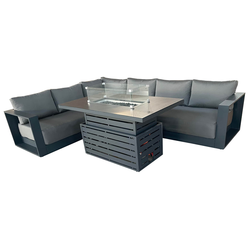CIEUX Sectional Canvas Charcoal / Without Patio Covers Lyon 2 Piece Outdoor Patio Aluminum Metal L-Shaped Sectional and Alsace Fire Pit Adjustable Height Table in Midnight Grey with Sunbrella Cushions - Available in 2 Colours