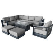 CIEUX Sectional Canvas Charcoal / Without Patio Covers Lyon 5 Piece Outdoor Patio Aluminum Metal L-Shaped Sectional Sofa, Club Chair, 2 Ottomans, and Alsace Fire Pit Adjustable Height Table in Midnight Grey with Sunbrella Cushions - Available in 2 Colours