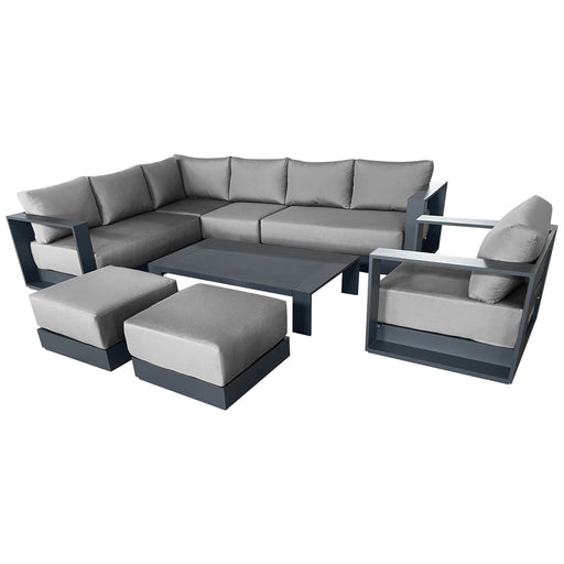 CIEUX Sectional Canvas Charcoal / Without Patio Covers Lyon 5 Piece Outdoor Patio Aluminum Metal L-Shaped Sectional Sofa, Club Chair, 2 Ottomans, and Coffee Table Set in Midnight Grey with Sunbrella Cushions - Available in 2 Colours