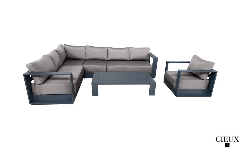 CIEUX Sectional Canvas Taupe Lyon 3 Piece Outdoor Patio Aluminum Metal L-Shaped Sectional Sofa, Coffee Table and Club Chair Set in Midnight Grey with Sunbrella Cushions - Available in 2 Colours