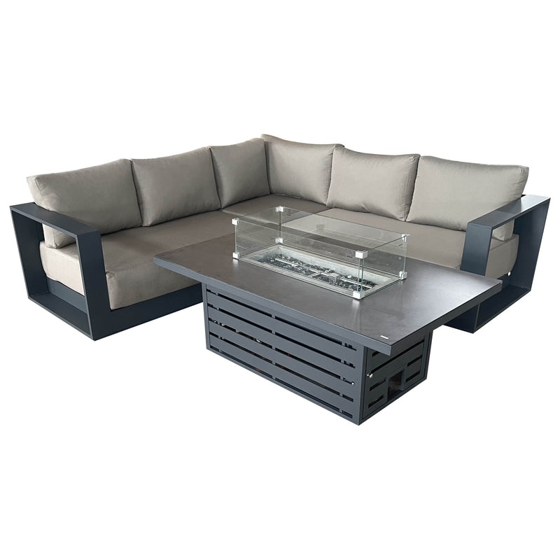 CIEUX Sectional Canvas Taupe / Without Patio Covers Lyon 2 Piece Outdoor Patio Aluminum Metal Corner Sectional and Alsace Fire Pit Adjustable Height Table in Midnight Grey with Sunbrella Cushions - Available in 2 Colours