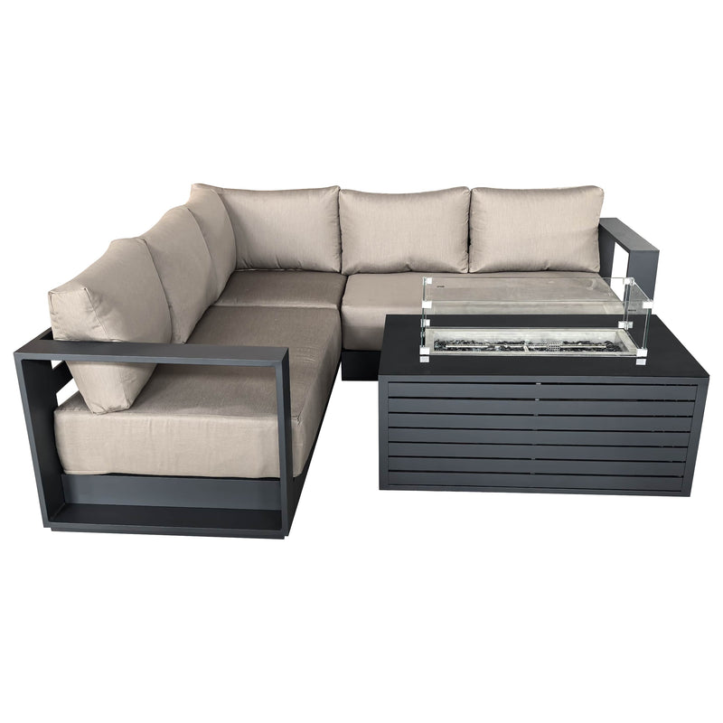 CIEUX Sectional Canvas Taupe / Without Patio Covers Lyon 2 Piece Outdoor Patio Aluminum Metal Corner Sectional and Annency Fire Pit Coffee Table in Midnight Grey with Sunbrella Cushions - Available in 2 Colours