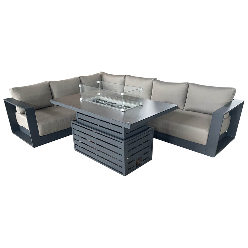 CIEUX Sectional Canvas Taupe / Without Patio Covers Lyon 2 Piece Outdoor Patio Aluminum Metal L-Shaped Sectional and Alsace Fire Pit Adjustable Height Table in Midnight Grey with Sunbrella Cushions - Available in 2 Colours