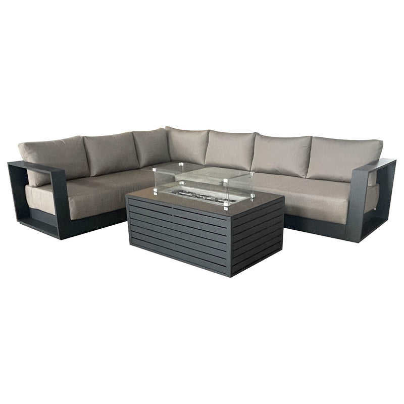CIEUX Sectional Canvas Taupe / Without Patio Covers Lyon 2 Piece Outdoor Patio Aluminum Metal L-Shaped Sectional and Annency Fire Pit Coffee Table in Midnight Grey with Sunbrella Cushions - Available in 2 Colours