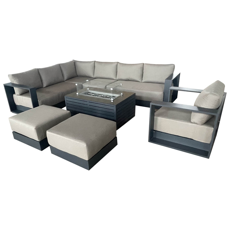 CIEUX Sectional Canvas Taupe / Without Patio Covers Lyon 5 Piece Outdoor Patio Aluminum Metal L-Shaped Sectional Sofa, Club Chair, 2 Ottomans, and Annency Fire Pit Coffee Table in Midnight Grey with Sunbrella Cushions - Available in 2 Colours