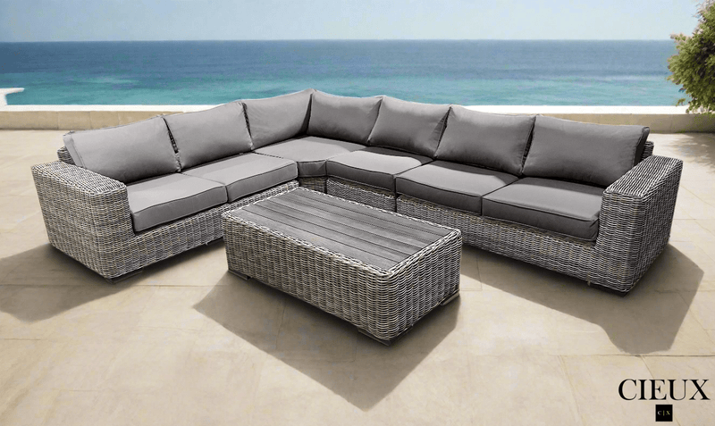 CIEUX Sectional Champagne 2 Piece Outdoor Patio Wicker L-Shaped Sectional Sofa and Coffee Table Set in Grey with Sunbrella Cushions - Available in 2 Colours