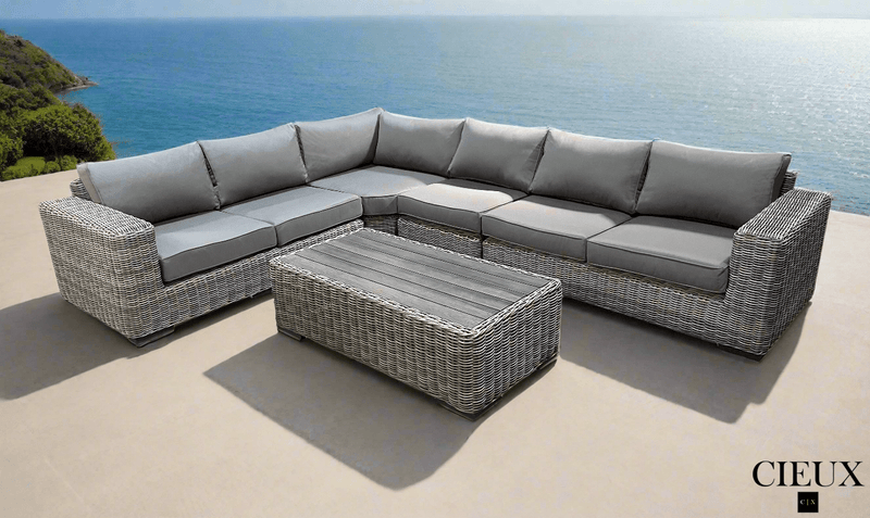 CIEUX Sectional Champagne 2 Piece Outdoor Patio Wicker L-Shaped Sectional Sofa and Coffee Table Set in Grey with Sunbrella Cushions - Available in 2 Colours
