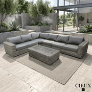 CIEUX Sectional Champagne 2 Piece Outdoor Patio Wicker L-Shaped Sectional Sofa and Coffee Table Set in Grey with Sunbrella Cushions - Available in 2 Colours