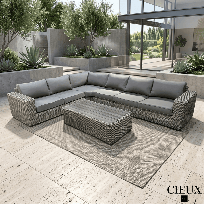 CIEUX Sectional Champagne 2 Piece Outdoor Patio Wicker L-Shaped Sectional Sofa and Coffee Table Set in Grey with Sunbrella Cushions - Available in 2 Colours