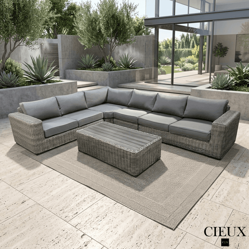 CIEUX Sectional Champagne 2 Piece Outdoor Patio Wicker L-Shaped Sectional Sofa and Coffee Table Set in Grey with Sunbrella Cushions - Available in 2 Colours