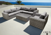 CIEUX Sectional Champagne 3 Piece Outdoor Patio Wicker Corner Sectional Sofa, Coffee Table and Club Chair Set in Grey with Sunbrella Cushions - Available in 2 Colours